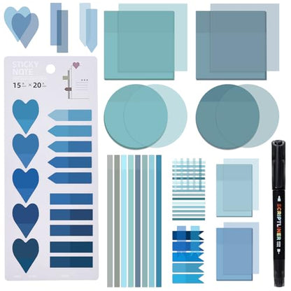 Temiary 1160 Sheets Transparent Sticky Notes Set with Pen for Bible Study | Sticky Note with Index Tabs Set for Annotating Journaling, Bible Study Book Annotation - color: Blue