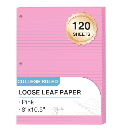 Pink Loose Leaf Paper 8 x 10.5, 120 Sheets Lined Paper College Ruled Paper, 3 Hole Punched Notebook Paper College Ruled, 3 Ring Binder Paper 8 x 10.5, Filler Paper College Ruled for Office, School - color: Pink-120 Pcs