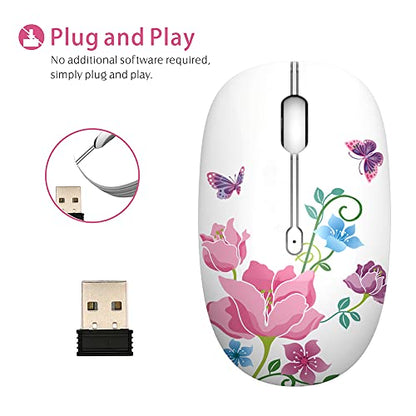 TENMOS M101 Wireless Mouse Cute Silent Computer Mice with USB Receiver, 2.4G Optical Wireless Travel Mouse 1600 DPI for Laptop, Notebook, PC, Computer (Butterfly) - color: butterfly