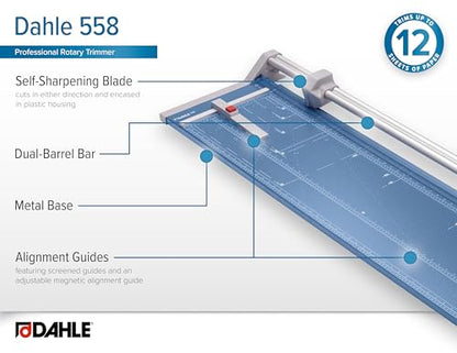 Dahle 558 Professional Rotary Trimmer, 51" Cut Length, 12 Sheet Capacity, Self-Sharpening, Dual Guide Bar, Automatic Clamp, German Engineered Paper Cutter - size: 51" Cut Length
