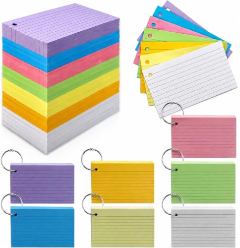 Tecmisse 600 Pieces Index Cards Rulded, Colorful Flash Cards 3 x 5 Index Card with Rings, Heavy Study Cards, Note Cards Punched for School Learning, Office and Home Uses (7-Color Thickened) - color: 7-Color Thickened