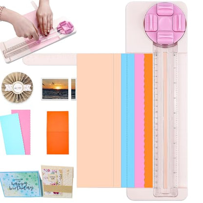 4-in-1 Paper Trimmer, 4Style Multi-Function Scrapbooking Tool with Dial Blades of Straight, Wave, Dotted, Perforated, Creasing, 9" Craft Paper Cutter for Cutting Carstock,Coupons,Photos,Scrapbook Card - color: Pink