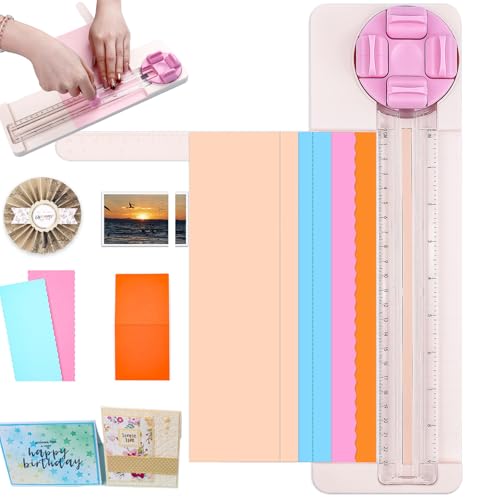 4-in-1 Paper Trimmer, 4Style Multi-Function Scrapbooking Tool with Dial Blades of Straight, Wave, Dotted, Perforated, Creasing, 9" Craft Paper Cutter for Cutting Carstock,Coupons,Photos,Scrapbook Card - color: Pink