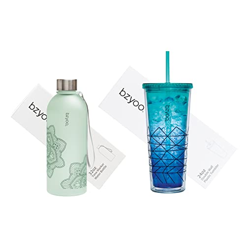 bzyoo 32 OZ 1 Liter Time Marker Water Bottle BPA Free Frosted Durable Plastic With Strap&24oz (710ml) Double Wall Plastic Tumbler with Lid and Straw