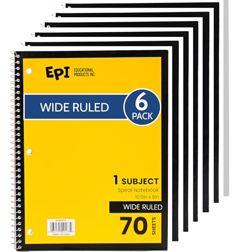 EPI Spiral Notebook | Wide - 70 Sheets, Durable Spiral Binding | 10.5 x 8 in | Classroom Supplies | School, Office, Note Taking, Journaling - 6 Pack - color: Yellow, size: 6
