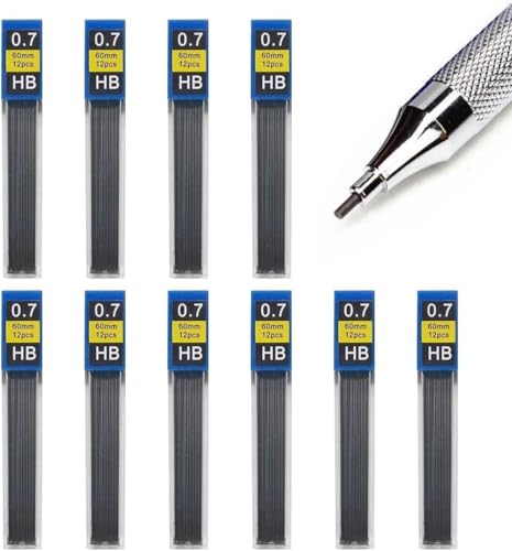 0.7mm HB Mechanical Pencil Lead Refills, 120 Pieces (10 Tubes x 12 Leads), Break-Resistant Polymer Graphite Refills, Smooth Writing Drawing Supplies for School & Office Use
