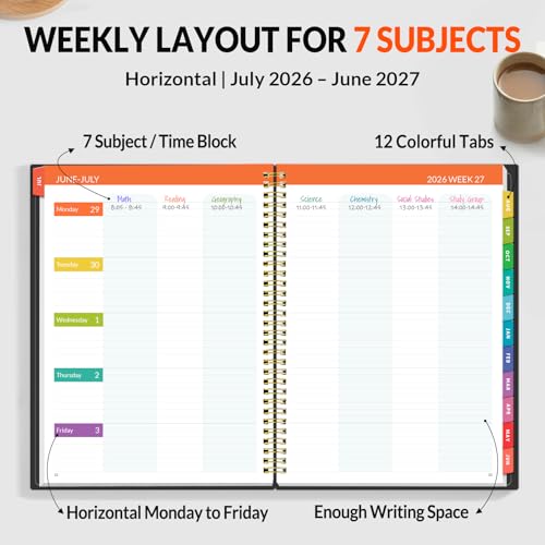 SUNEE Teacher Planner 2026-2027 Academic Year, Lite Lesson Planner Book with 7 Periods Jul 2026 - Jun 2027, 8.5"x11" Daily Weekly and Monthly Organizers, Plan Book with Pocket Folder, Color Tabs,Black - color: Black