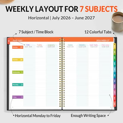 SUNEE Teacher Planner 2026-2027 Academic Year, Lite Lesson Planner Book with 7 Periods Jul 2026 - Jun 2027, 8.5"x11" Daily Weekly and Monthly Organizers, Plan Book with Pocket Folder, Color Tabs,Black - color: Black