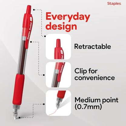 STAPLES Retractable Gel Pens, Fine Point, Red Ink, 12 Pack – Smooth Writing, Quick‑Dry Pens for Notes, Editing & Office Use - color: Red, size: 12 Pack, style: Fine Point