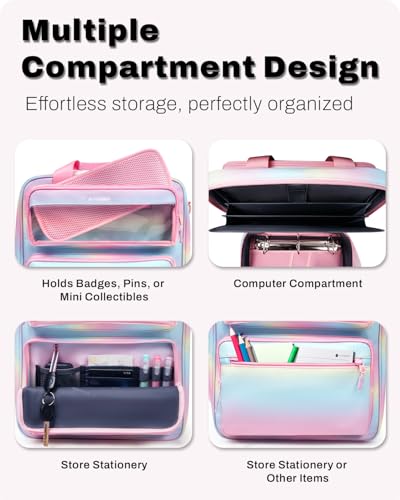Zipper Binder 3 Ring with Ita Window, 3 Inch Binder with Zipper D-Ring Fits 14 in Laptop, 3-in-1 Shoulder/Backpack/Handle 600 Sheets Capacity for School & Office – Pink Blue - color: Pink Blue
