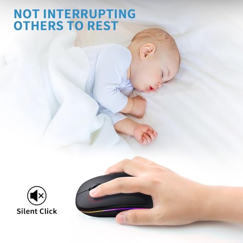 Wireless Bluetooth Mouse, Rechargeable, LED, Silent, Ultra-thin Design (Bluetooth 5.2 and 2.4GHz USB Receiver) | Portable Computer Mouse for Laptops, iPads, MacBooks and Apple Devices (Black) - color: Black