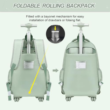 DIGOBAY 3-IN-1 Kids Rolling Backpack for Girls with Lunch Bag Pencil case, Green Kawaii Backpack with Wheels for Girls Roller School Bag with Wheels for Teen Elementary School Bookbags with Cute Pins - color: Green
