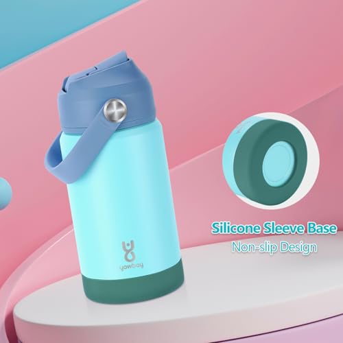 Kids Insulated Water Bottle with Straw Lid & Silicone Handle,12oz Kids Leak Proof Water Bottle for School Boys Girls,Double Wall Vacuum Stainless Steel with Non-slip Silicone Base(Light Green) - color: Bluish Green, size: 12 Ounces