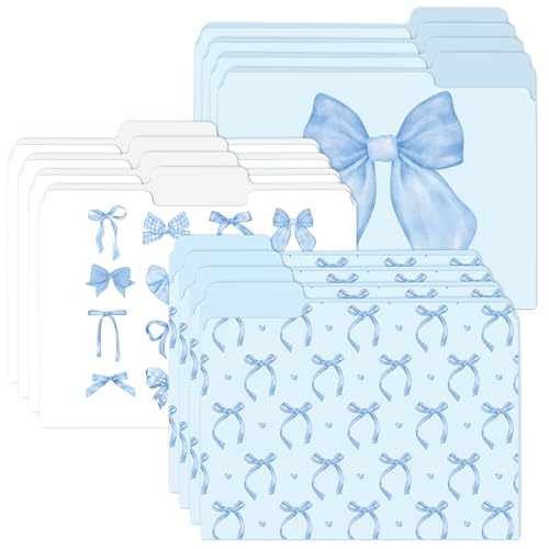 Xqumoi 12Pcs Coquette Blue Bow File Folders, Letter Size Bowknot Decorative File Pockets with 1/3 Cut Tab Pretty Colored Folders for Office Home Classroom Supplies Documents Paper, 8.9 x 11.6 Inch - style: Blue Bow