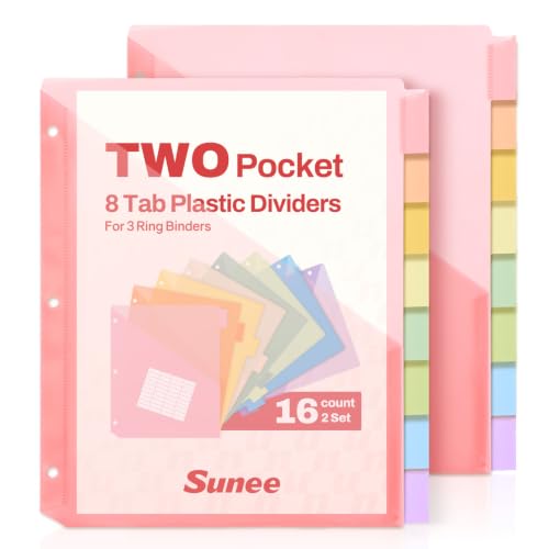 SUNEE 8 Tab Dividers with Pockets, Plastic Dividers for 3 Ring Binder, Subject Dividers with 2 Pockets, Binder Dividers for School Office Home Supplies, Soft Color, 2 Set - color: 8 Soft Colors
