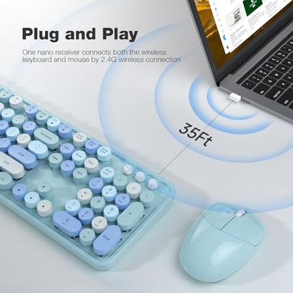 MOFII Wireless Keyboard and Mouse Combo, Retro Keyboard with Round Keycaps, 2.4GHz Dropout-Free Connection, Cute Wireless Mouse for PC/Laptop/Mac/Windows XP/7/8/10 (Blue-Colorful) - color: Blue Colorful-B