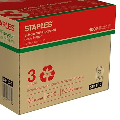 Staples Recycled 8.5 x 11-Inch, 3-Hole Punched Copy Paper 20 lb 92B 500/Ream 10 Ream/Count - size: 5,000 Sheets, style: Recycled