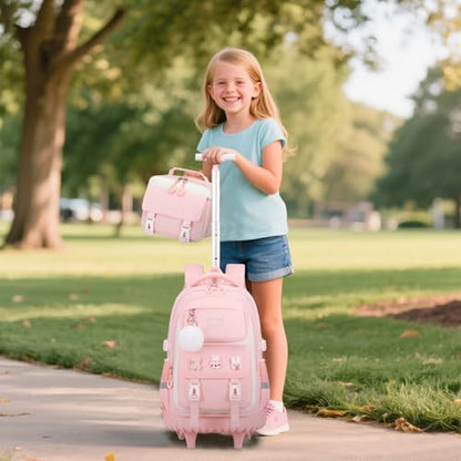 DIGOBAY Rolling Backpack for Girls, Roller School Bag with Wheels, Wheeled Backpacks with Lunch Bag Pencil case for Elementary School Bookbags with Cute Pins Pink - color: Pink