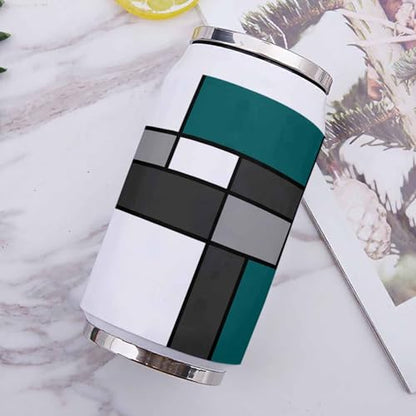 T&H XHome Geometric Art 14oz Stainless Steel Tumbler with Lid & Straw-Double Wall Vacuum Insulated Travel Mug Modern Abstract Turquoise White Grey Patchwork Water Bottle Coffee Beverage Drinks Cup - size: 14 Ounces