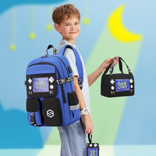 Scothen Boys Backpack, Cool Luminous School Backpacks for Boys with Lunch Bag Pencil Case, Kids Backpack Kindergarten Elementary Middle School Book Bags for Teen Boy Children with USB Charging Port - color: Black-blue