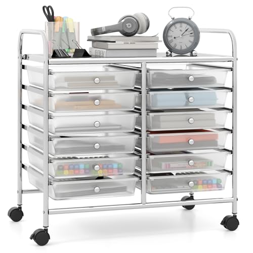 Giantex 12 Drawers Rolling Cart, Mobile Storage Drawer Cart, Classroom Organizer Cart for Office School Supplies Tools Scrapbook Paper Craft Small Printer, Utility Cart on Wheels, Clear - color: Clear, size: 25” x 15” x 24.5”(12 Drawers)