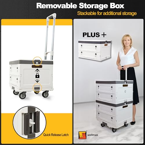 Wellmax Rolling Crate with Wheels, Foldable Utility Cart with Adjustable Handle, Silent Rolling Design, 132 lbs Load Capacity — Great for Teachers, Office, Groceries & Everyday Use