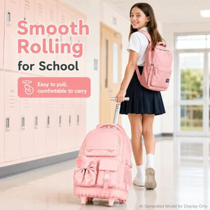 3Pcs Rolling Backpack for Girls Women, School Kids Roller Bookbag with Wheels, Wheeled Backpacks Set for Elementary (Pink) - color: Bow Pink