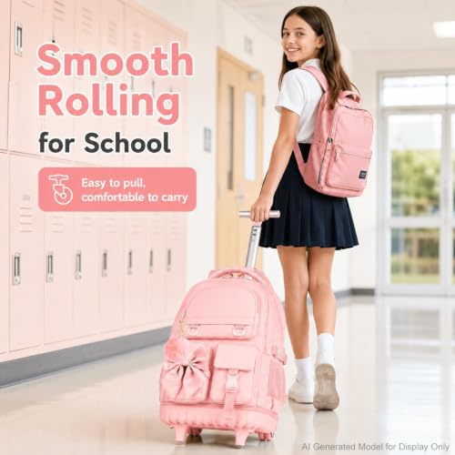 여성용 남성용 롤링 백팩 3개, 바퀴 달린 53.3cm(21인치) 여행용 롤러 책가방, 십대 어린이 대학 백팩 바퀴 달린, 리본 핑크, 19인치, 데이팩 백팩 - color: 리본 핑크