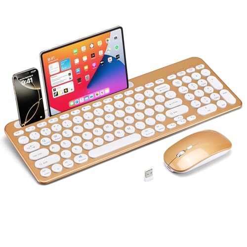 Wireless Keyboard and Mouse Combo with Phone Tablet Holder, Rechargeable Dual-Mode (Bluetooth 5.0 and 3.0 +2.4G) Multi-Device Silent Mouse for Windows, iPad, Tablet, MacOS,iOS,Android (Gold) - color: gold