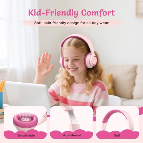 TONOSHARK Kids Bluetooth Headphones with Active Noise Cancelling, Wireless Over-Ear Headphones for Boys Girls, Foldable, Adjustable, 40H Playtime, Mic for School Travel(Pink) - color: Pink