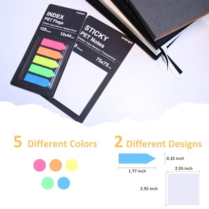 UniBright 175 pcs Arrow Page Tabs & 3x3 Inch Transparent Sticky Notes, Sticky Tabs for Books, Bible & Notebooks, Writable Repositionable Page Markers, Office, School, Home Use - color: Neon-175pcs