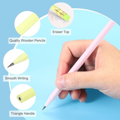 PATIKIL Round Pencils, 24 Pcs Triangle HB Graphite Pencil Wooden Pencils with Eraser for Classroom Office Writing Drawing Supplies, Yellow - color: Yellow, size: 1 Count (Pack of 24)