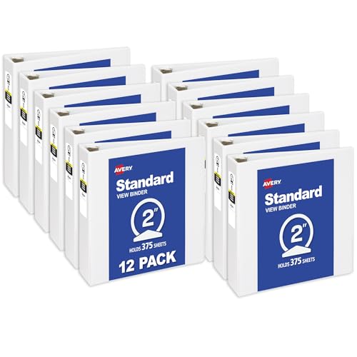 Avery Standard View 3 Ring Binders, 2" Round Rings, 375-Sheet Capacity, 2.8 Inch Wide Spine, White Binders, Ideal for Lightweight Organization and Occasional Referencing (12-Pack of 05731) - size: 2"