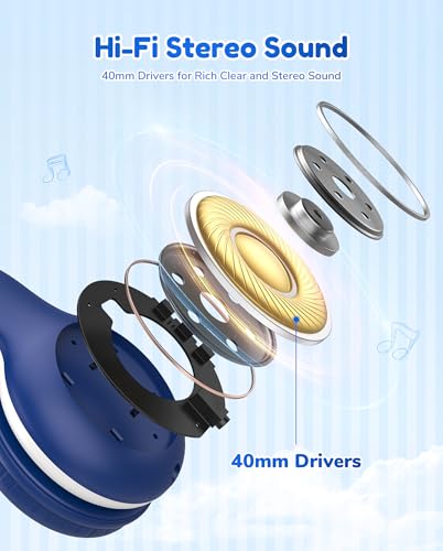 EarFun K2 Kids Bluetooth Headphones, Kids Headphones with Volume Limited, 40H Playtime, Built-in Mic, Stereo Sound, Foldable Over-Ear Headphone for School/Travel/iPad/Tablet, Blue - color: Blue