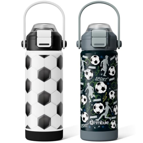 Fimibuke Kids Insulated Water Bottle with Pop-Open Straw & Spout 2-in-1 Lid, 18oz Leak Proof 18/8 Stainless Steel Vacuum Tumbler, BPA-Free Kids Cup For Travel School Boys Girls Toddler 2 Packs - color: Soccers, size: 18 Ounces