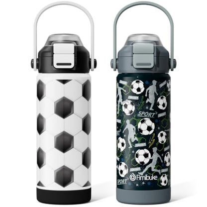 Fimibuke 18oz Kids Insulated Water Bottle with 2-in-1 Straw & Spout Lid | Leak Proof 18/8 Stainless Steel Vacuum Tumbler with Pop-Open Lid, BPA-Free Kids Cup for Travel School Girl Boy Toddler 2 Pack - color: Soccers, size: 18 Ounces