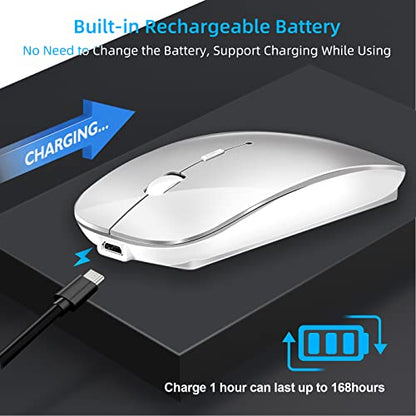 Wireless Mouse for Laptop Cpmputer,Bluetooth Mouse for MacBook,Silver | Rechargeale Dual Mode(USB 2.4Ghz + Bluetooth 5.2) Silent Portable Cordless Mice with USB C Adapter