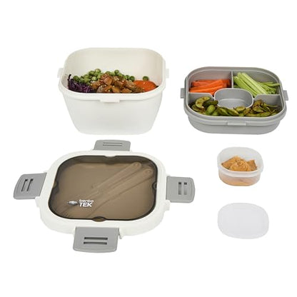 Restaurantware-Bento Tek 57.5 Ounce Bento Box, 1 Reusable Lunch Container - With Fork And Knife, Does Not Contain BPA, White And Gray Plastic Reusable Lunch Box, Microwavable, Dishwashable - size: 1 Count, style: 58 oz - White