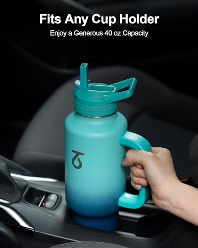 Trebo Insulated Water Bottle 40oz Fits in Car Cup Holder with Side Handle | Stainless Steel Metal Tumbler with Straw Spout Lids, Triple-Wall Vacuum Copper Plated, Cold 48 Hrs Hot 24 Hrs for Travel, Gym - color: Blue, size: 40 Ounces