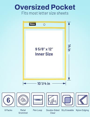 SUNEE 6 Packs Oversized Reusable Dry Erase Pocket Sleeves with Ring, Yellow 10x14 Ticket Holders, Clear Plastic Sheet Protectors, Teacher School Classroom Supplies - color: Yellow, style: 6 Pack
