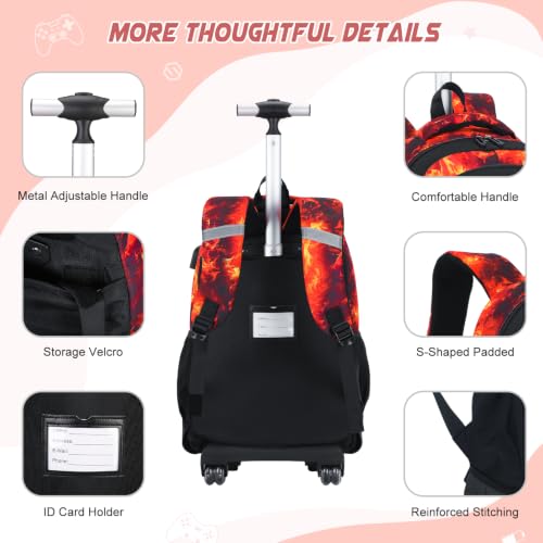 Scothen 3PCS Rolling Backpack for Boys, Cool Gamer Roller Backpack with Wheels, Kids Boy Wheeled Backpacks with Lunch Bag Pencil Case for Teens Bookbag Kindergarten Elementary Middle School - color: Red Flame