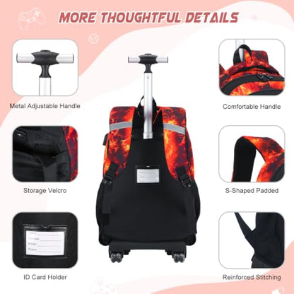Scothen 3PCS Rolling Backpack for Boys, Cool Gamer Roller Backpack with Wheels, Kids Boy Wheeled Backpacks with Lunch Bag Pencil Case for Teens Bookbag Kindergarten Elementary Middle School - color: Red Flame