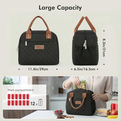 HOMESPON Insulated Lunch Bag for Women Men, Cooler Tote Box, Black | Front Pocket, Side Mesh Pockets, Reusable, for Work, Picnic, Food Container - color: Black