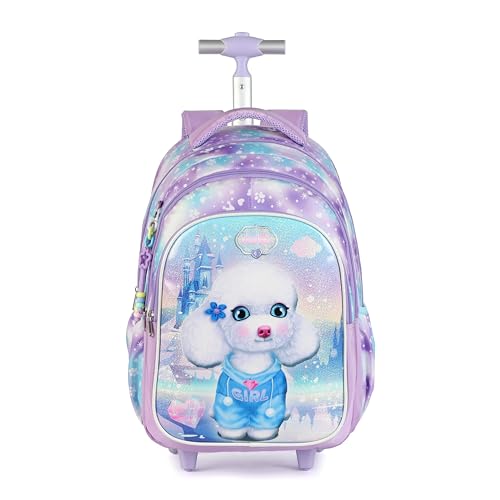 Cartoon Rolling Backpack for Boys Girls, Kids 5 Pcs Wheeled Backpack, Travel Backpack for Elementary Students (Dog Purple) - color: Dog Purple