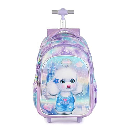 Cartoon Rolling Backpack for Boys Girls, Kids 5 Pcs Wheeled Backpack, Travel Backpack for Elementary Students (Dog Purple) - color: Dog Purple