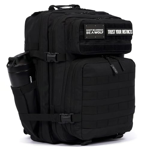 WOLFpak 45L Athletic Gym Backpack - Durable 1000D Waterproof Oxford Material with MOLLE Webbing, Laptop Pocket - color: Alpha Black Meal