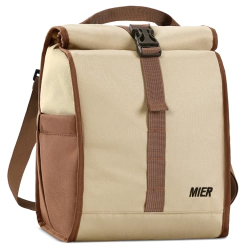 MIER Insulated Lunch Bag Roll Top Lunchbox for Women Men Adults Foldable Rolltop Lunch Tote with Shoulder Strap for Work Office Picnic, Water Bottle Holder, Khaki - color: Khaki