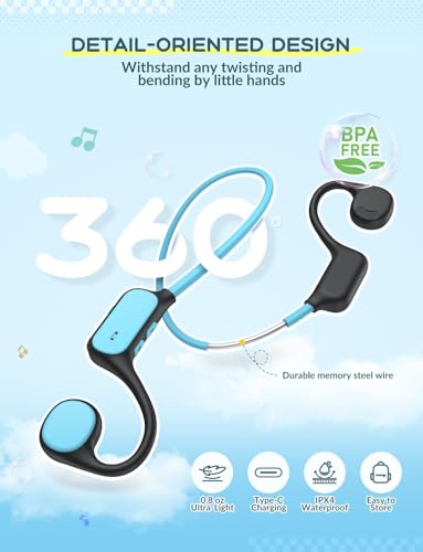iClever Kids Bluetooth Headphones, Air Conduction Open Ear Headphones, Safe Volume 74&85dBA, 360° Bending Resistance Durable, 11.5H Playtime, Bluetooth 5.4 Kids Wireless Headphones for Travel/School - color: Blue