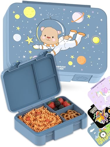 BEARFOOT Kids Lunch Box with Compartments – Compact & Lightweight | Leak-Proof, BPA-Free, Dishwasher Safe | Hand-Drawn Design for Preschool, School, Travel (Astro Bear Blue, 4 Cups) | BPA Free Leakproof Lunch Box with Compartments School & Nursery for Gir
