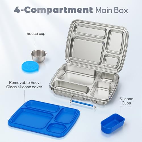 Stainless Steel Bento Box for Kids, Kids Lunch Box with 4-Compartment, Metal Lunch Box with Silicone Container & Sauce Cup, Durable Lunch Box Containers for School and Office (Blue) - color: Blue